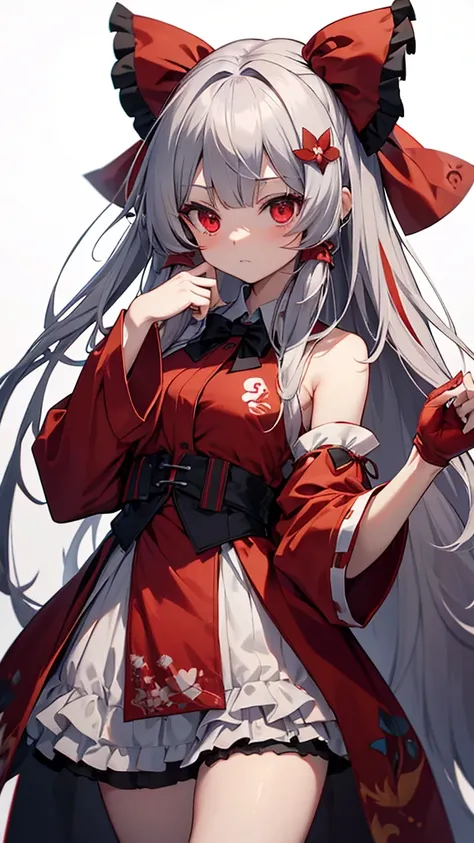 Highest quality　I have long hair　Gray Hair　Konpaku Youmu　Reimu Hakurei　Red eyes　I dont have anything　vampire　Odd Eye　kind　Miko costume　Cat ear　Embarrassed　Background Black　Two people