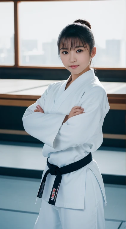 (8k、raw photos、image quality、、、、、、tabletop:1.2)、(realistic、photorealistic:1.37)、japanese female judoka、white judo uniform with b...