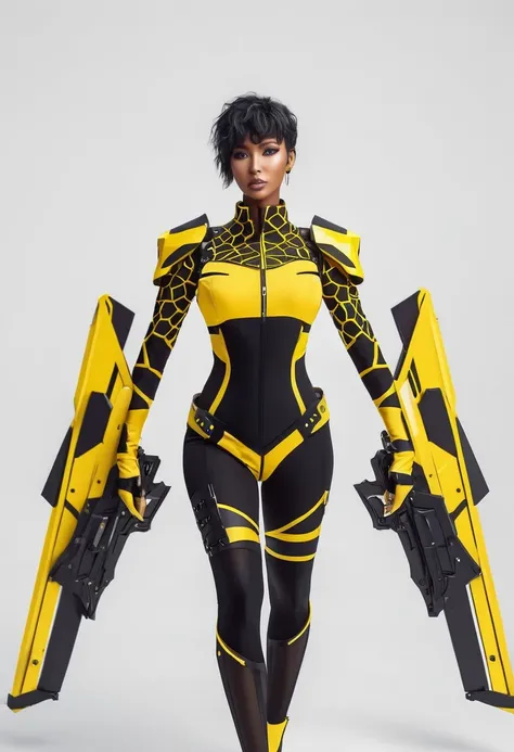 a (giraffe pattern outfit) yellow and black outfit,sword,beautiful cyberpunk woman,cyberpunk angry gorgeous goddess,beautiful cyborg girl ,hyper realistic,intricate details,cinematic lighting,vibrant colors,award winning,stunning,masterpiece
