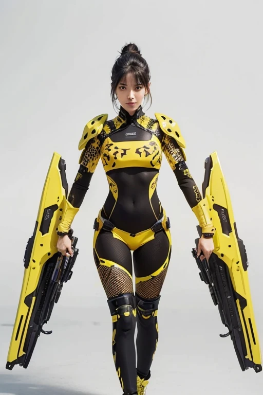 a (giraffe pattern outfit) yellow and black outfit,sword,beautiful cyberpunk woman,cyberpunk angry gorgeous goddess,beautiful cyborg girl ,hyper realistic,intricate details,cinematic lighting,vibrant colors,award winning,stunning,masterpiece
