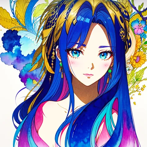 (best quality),(masterpiece:1.2), (colorful:0.9), (ink splashing),(color splashing),((watercolor)), clear sharp focus, model shot,, (portrait goddess of spring:1.5), cute expression,elegant blue colored hair, beautyfull detailed face and eyes, elegant godd...