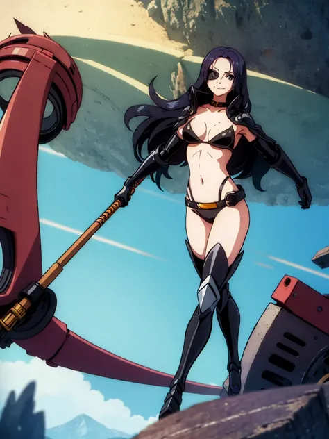 ((highest quality)), ((masterpiece)), (animation illustration), (black bikini, elbow gloves, boots, heroes belt, eye mask), looking at the viewer with a smile, Tattoo on left shoulder, (Floating in the air)