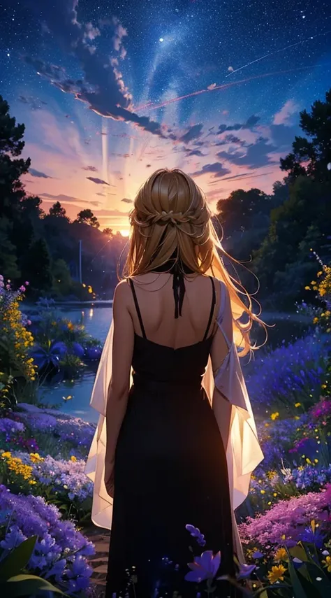 １people々々々々々々々々々々々,Blonde long-haired woman， camisole，silhouette， Rear View，Space Sky, Flower Field，Colorful flowers