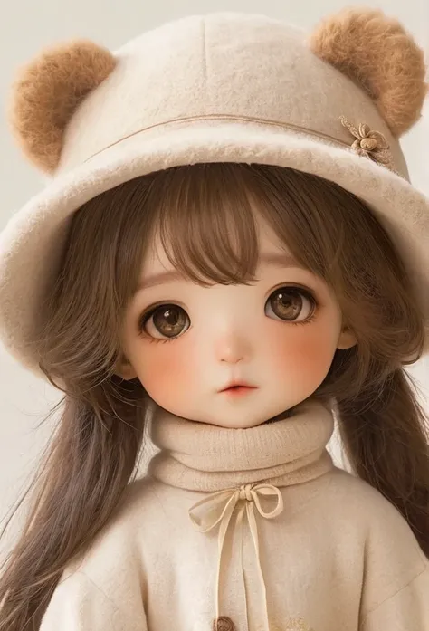 dream，cute bear girl wearing a big hat，brown curly long hair, golden eyes, soft，sock，shoe，whole body，soft，