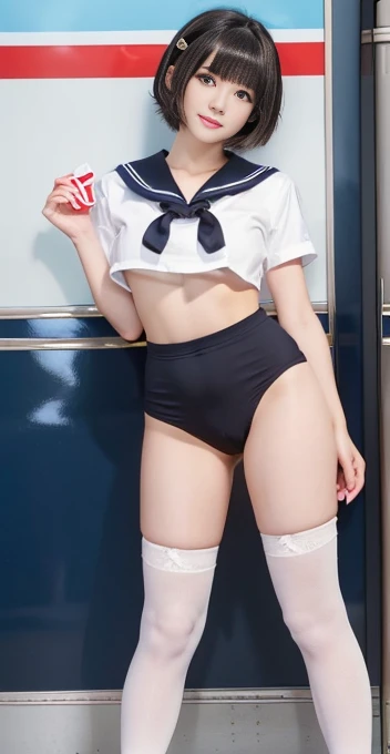 Are standing、One beautiful woman、Japanese Idols、18-year-old、、Sailor suit、sexy、Big Breasts、Long legs、Stylish、White underwear、Black knee-high socks、highest quality、High quality、Facial details、short hair、Straight Hair、Brown eyes、Japanese Trains、（nsfw）