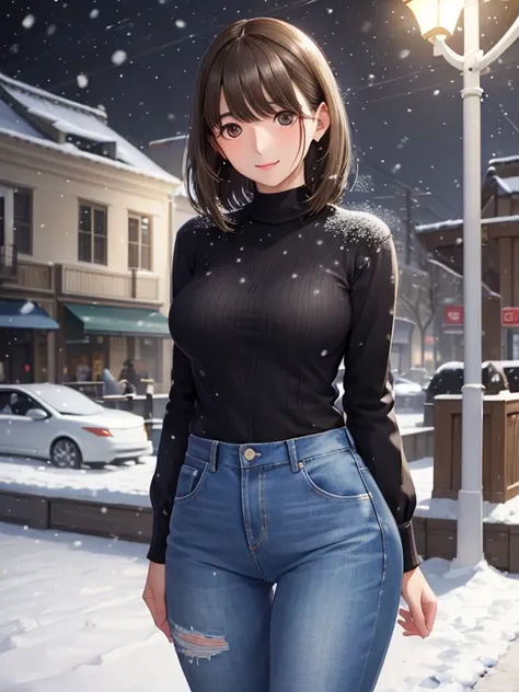 masterpiece, highest quality, In-person audience,(((A station at night when it is snowing in winter))), 
Very tight denim pants,Rib knit , put your hand between your breasts, Are standing , longing, Blushing, カウボーイショット
short hair, hair ornaments,  , Snow、S...