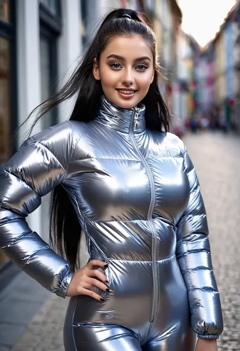 hyperrealistic beautiful busty 18-year-old teen girl with long legs wearing glossy silver voluminous puffer plastic fullbody catsuit, model shooting full body photography, raven black hair with long ponytail, dark eye makeup with eyeliner, seductive smile,...