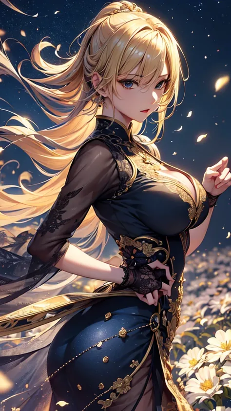 masterpiece, high quality, 4K, Beautiful design, silhouette，blonde， 非常に詳細な夜のStarry Sky,Flower Field， wonderful, Finer details,  Very knowledgeable woman, Highly detailed solo, 1 female,Big Breasts，dress，Night view，Starry Sky，full moon，