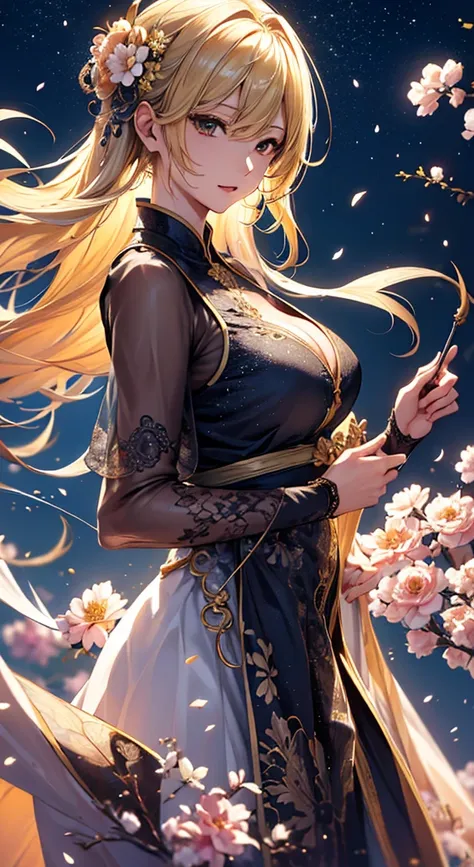 masterpiece, high quality, 4K, Beautiful design, silhouette，blonde， 非常に詳細な夜のStarry Sky,Flower Field， wonderful, Finer details,  Very knowledgeable woman, Highly detailed solo, 1 female,Big Breasts，dress，Night view，Starry Sky，full moon，