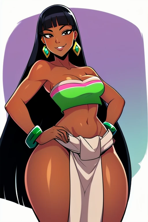 1girl,solo,loincloth,bandeau,chel (the road to el dorado),dark-skinned female, black hair, long hair, (Wearing: tube top, loincloth, emerald bracelets and golden earrings:1.2), collarbone, bare shoulders, medium breasts, cleavage, midriff, wide hips, upper...