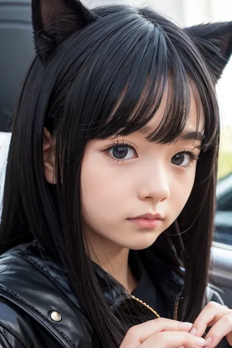 Girl with black ears cat, Black jacket,black hair long 