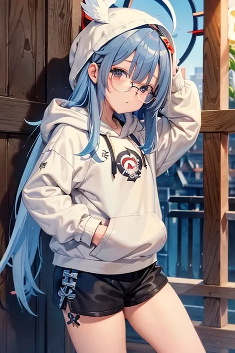 Angelic French doll, stocky, light colored hoodie, in short pants, blue hair ,messy long hair, (anime: 1.2), Wear glasses, asymmetrical bangs, (masterpiece: 1.2), Tengu, fortune teller