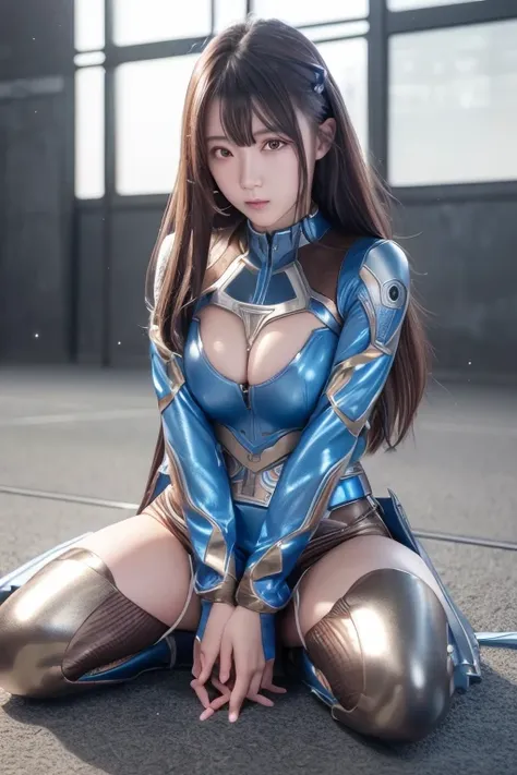 High resolution、8k、Digital Cyberpunk Art、Brown medium-long hair、Shiny metallic、(Wearing a blue powered suit with white LED lights)、(Stand on a devastated battlefield)、Japanese Girls、(on one knee, spread legs, leaning forward, one hand on floor)