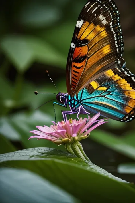 Colorful butterfly on the side of a lake, macro photography shallow depth of field dslr vivid Muted misty