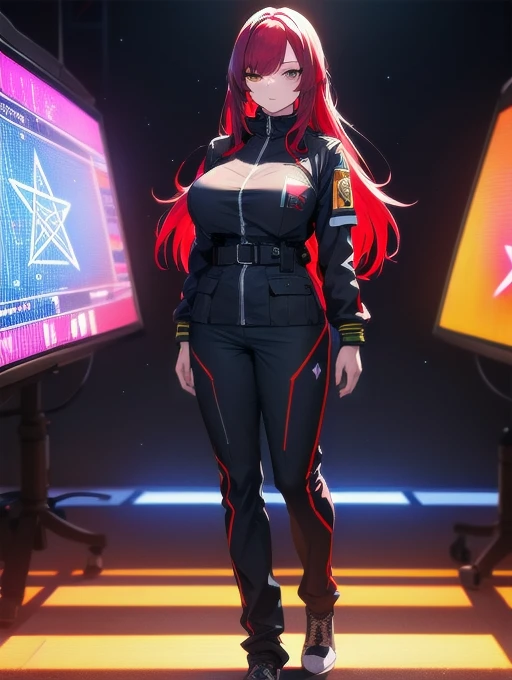 (masterpiece:1.37), woman, mature, extremely detailed eyes and face, long straight hair, (red hair:1.5), yellow eyes, military uniform, futuristic, science fiction, hologram armband, unicursal hexagram-shaped pupils, standing, large breasts, futuristic, sc...