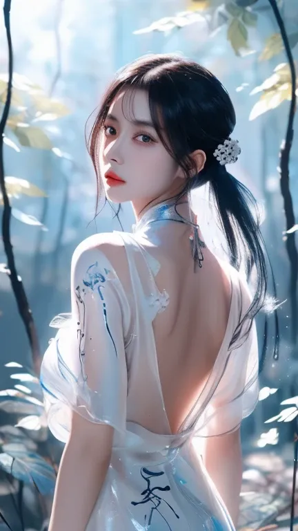 (((masterpiece))),(((best quality))),((ultra-detailed)), ((illustration)),floating, ((an extremely delicate and beautiful)),(beautiful detailed eyes), (painting),(sketch),((neck)),(((back))),(looking back), blush,dhalter dress, backless dress ,hyper detail...