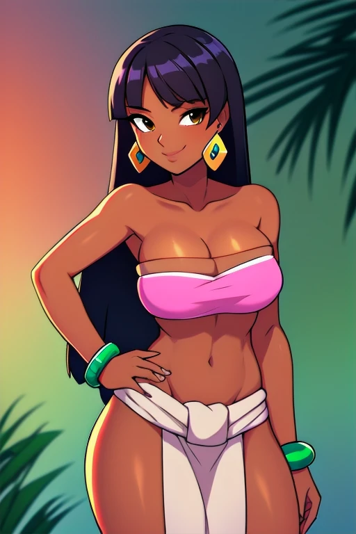 1girl,solo,loincloth,bandeau,chel (the road to el dorado),dark-skinned female, black hair, long hair, (Wearing: tube top, loincloth, emerald bracelets and golden earrings:1.2), collarbone, bare shoulders, medium breasts, cleavage, midriff, wide hips, upper...