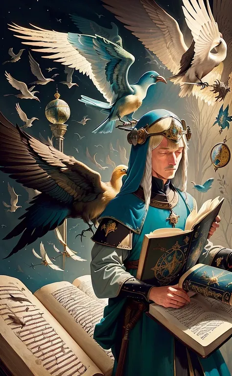 there are a lot of birds around the book, science fantasy painting, fantasy book illustration, high fantasy illustration, Hieronymus Bosch style, Hieronymus Bosch style, Hieronymus Bosch and Moebius, Illustration of a medieval manuscript, Boschs heir, Alch...