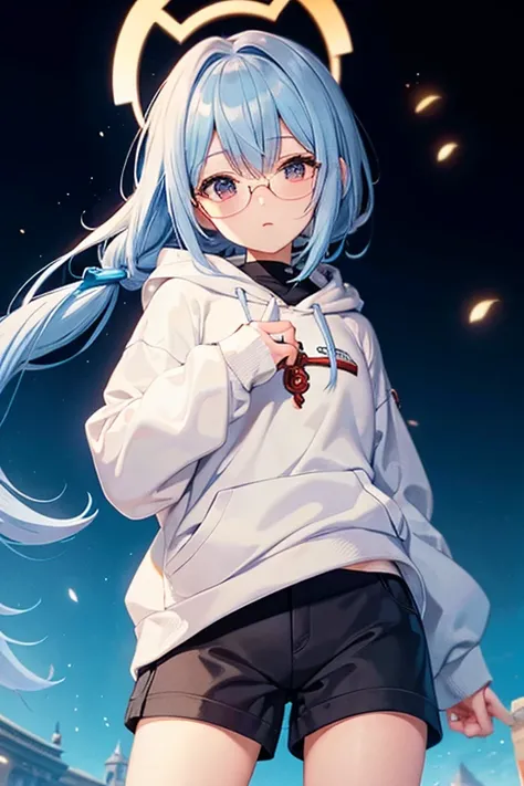 Angelic French doll, stocky, light colored hoodie, in short pants, blue hair ,messy long hair, (anime: 1.2), Wear glasses, asymmetrical bangs, (masterpiece: 1.2), Tengu, fortune teller