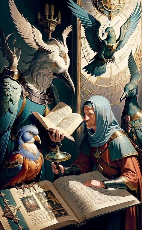 there are a lot of birds around the book, science fantasy painting, fantasy book illustration, high fantasy illustration, Hieronymus Bosch style, Hieronymus Bosch style, Hieronymus Bosch and Moebius, Illustration of a medieval manuscript, Boschs heir, Alch...