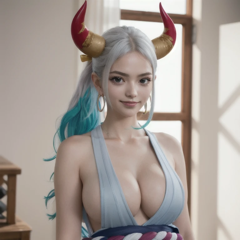 best quality,masterpiece,8k wallpaper,absurdres, highres, ultra detailed, (1 young beautiful girl, solo:1.1),yamato (one piece), huge breasts,nipple, horns, shimenawa,top nude, rope, multicolored horns, multicolored hair, long hair, top nude ,curled horns,...