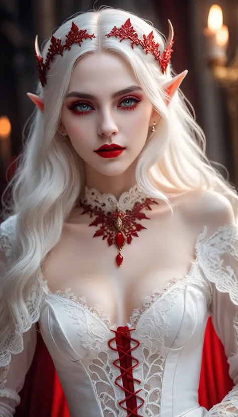 A terrifying and beautiful vampire, bloody fangs, long white hair, Beautiful red lips, complicated eye roll, elf ears, like a dream, ethereal, (White lace),belly button,Popular topics on Artstation, white luxury dress, BalenciagaStyle, Royal background，sha...