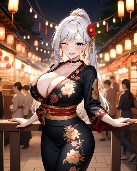 ((one personの女性)), Beautiful Face,Happy expression,Laugh embarrassedly,((Wink:2.0)),turn bright red,Glossy pink lips,French Nails,night,Shrine festival stalls,firework, ((Anime style background)),masterpiece, highest quality, so beautiful, Latest, Complex ...