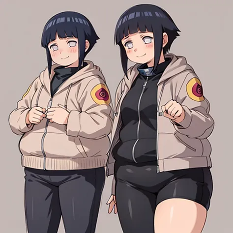 standing, shy, smile, blush, solo, 1girl, obese hyuuga hinata, thick thighs, perfect body, black hair, short hair, white eyes, no pupils, small breats, black pants, jacket, hands in cheeks, ultra detailed, masterpiece, best quality, aesthetic, detailed