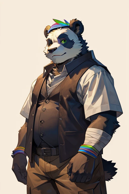 ((furry panda)), ((Black and white fur)), ((colorful headscarf)), ((Chubby)), ((Wearing a rainbow-colored bracelet on the left hand)), ((Short-sleeved vest)), ((Brown khaki shorts)), (((bandage wristband))), male, Mature, Green Eyes, , whole body character...