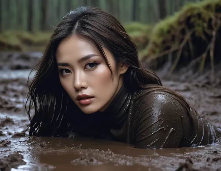 8k, ultra-detailed, grainy film photo, masterpiece,muted colors, muffled light, dark dusk:1.1, rainy, moody:1.1, dark noir:1.2, brown sweat turtleneck:1.3, swallowed by mud,  looking towards,woman drowning in forest mud bog, beautiful long brunette hair, d...