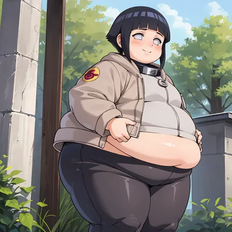 standing, shy, smile, blush, solo, 1girl, obese hyuuga hinata, thick thighs, perfect body, black hair, short hair, white eyes, no pupils, small breats, black pants, jacket, hands in cheeks, ultra detailed, masterpiece, best quality, aesthetic, detailed