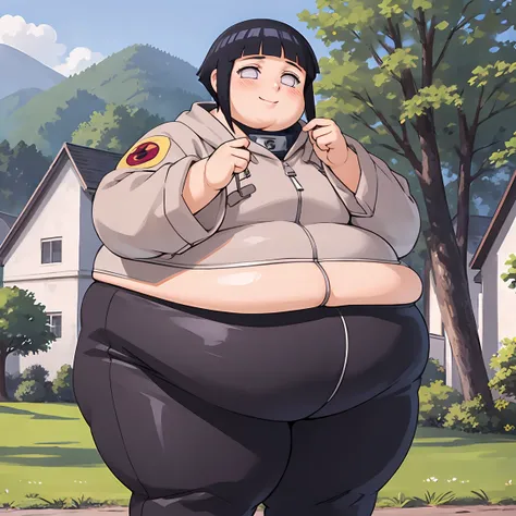 standing, shy, smile, blush, solo, 1girl, obese hyuuga hinata, thick thighs, perfect obese body, black hair, short hair, white e...