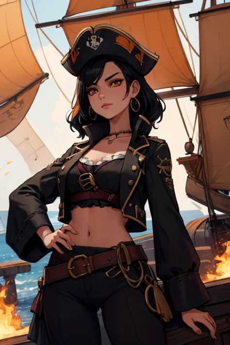 black haired woman with orange eyes and a figure in a pirate outfit is watching the stars on a pirate ship