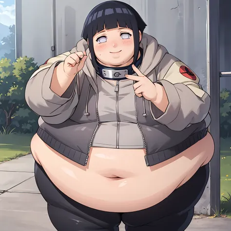 standing, shy, smile, blush, solo, 1girl,  very obese hyuuga hinata, big thick thighs, slob body, black hair, short hair, white ...