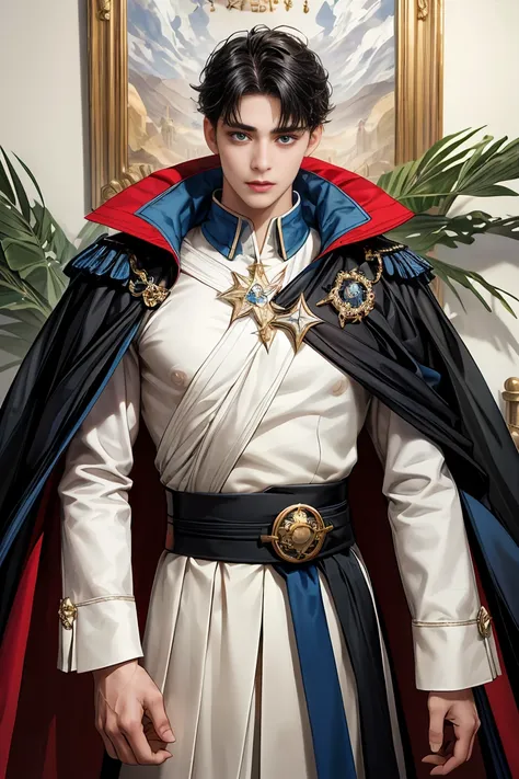 
masterpiece, 最high quality, high quality, 1 boy, alone, Male focus, Watching the audience,  Messy black hair, Adorable big blue eyes, White, Noble, Noble,Sexy Bomber Cape、A very voluminous, large, very large, very large, long, long red and black cape with...