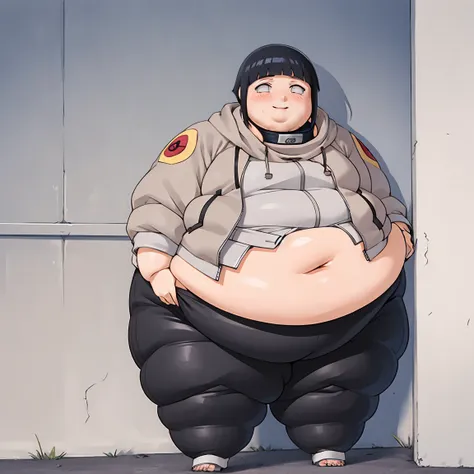 standing, shy, smile, blush, solo, 1girl,  slob hyuuga hinata, very thick thighs, obese arms, obese belly, big cheeks, slob body...