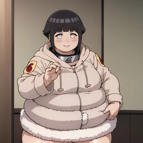 standing, shy, smile, blush, solo, 1girl, hyuuga hinata, big cheeks, ,ssbbw, severely obese ,600lbs obese female, short hair, wh...