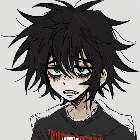 1boy, messy hair, sketchy lines, grunge, hat, shirt