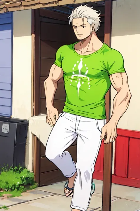 Hombre de cabello blanco, muscles dressed in green t-shirt, white pants and brown flip flops, hombre de tes blaca 