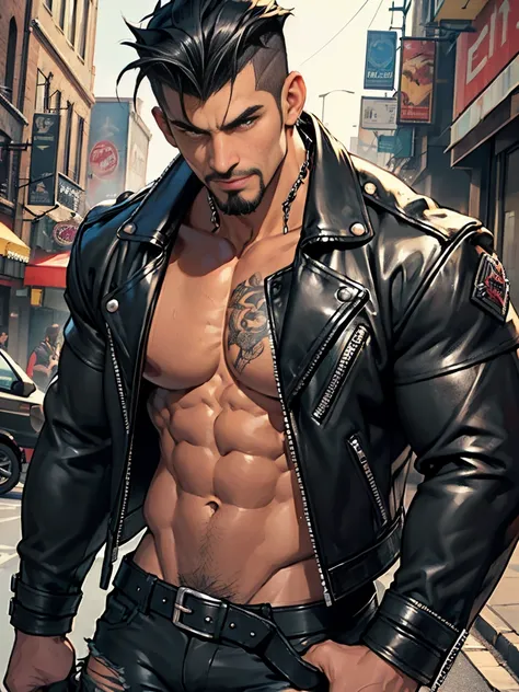 Man Biker, muscular, big chest, veins popping out, black hair shaved on the sides, handsome face, goatee, sexy and mischievous expression. He is wearing a leather jacket, black combat boots, ripped blue jeans, a black leather jacket with no shirt underneat...