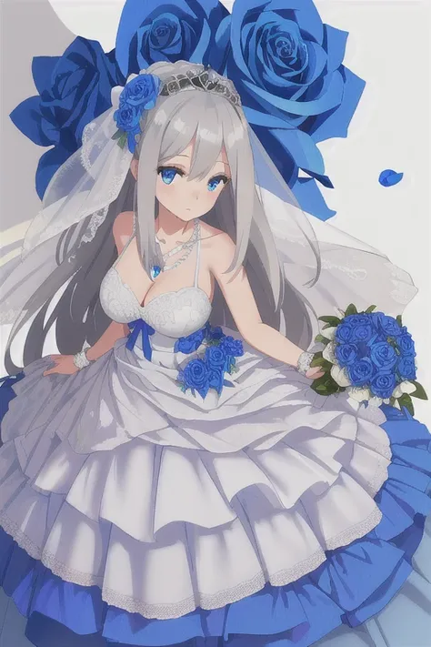 (((Best quality))),((Ultra-detailed)),((illustration)),((Disheveled hair)),((frilld)),(1 girl),(Solo),1girl,
1girl
blue bow
blue eyes
blue flower
blue ribbon
blue rose
bouquet
breasts
dress
flower
gradient
gradient background
grey background
jewelry
long h...