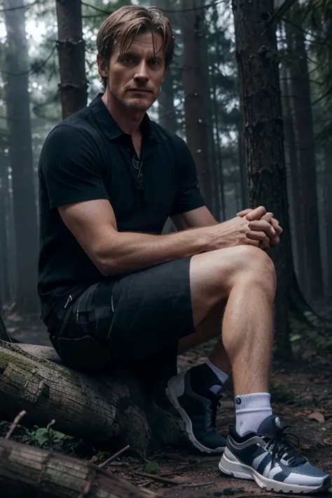 Gideon Emery, Deucalion, Teen Wolf, 40 years old, light brown blonde hair, short and messy, blue eyes, black short-sleeved dress shirt, dark black jeans, black tennis shoes, wolf pendant, white wolf print. Forest background with fog aura around black color...