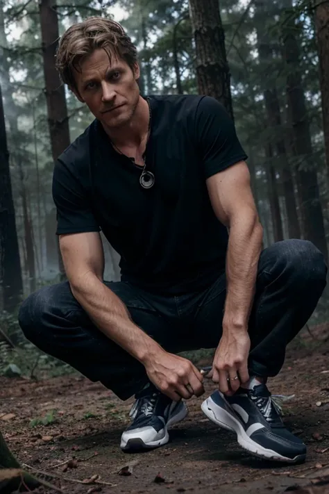 Gideon Emery, Deucalion, Teen Wolf, 40 years old, light brown blonde hair, short and messy, blue eyes, black short-sleeved dress shirt, dark black jeans, black tennis shoes, wolf pendant, white wolf print. Forest background with fog aura around black color...