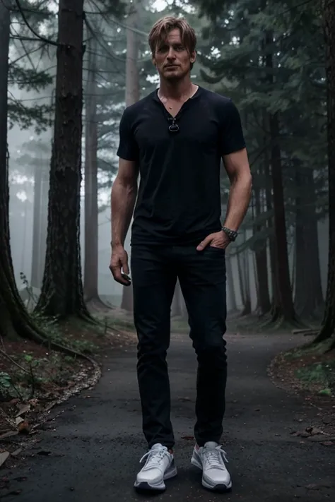 Gideon Emery, Deucalion, Teen Wolf, 40 years old, light brown blonde hair, short and messy, blue eyes, black short-sleeved dress shirt, dark black jeans, black tennis shoes, wolf pendant, white wolf print. Forest background with fog aura around black color...