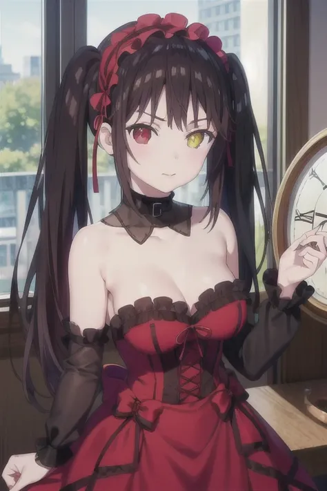 (((Pixel Perfect, Perfect in every detail))), alone, One girl,  Kurumi tokisaki, Twin tails,  head band, dress, Gothic, View Viewer,Twin tails, dress, Red right eye, Long Hair, yellow left eye, Clock Eye, Shine, Removable sleeves, red dress, Black Hair, ha...