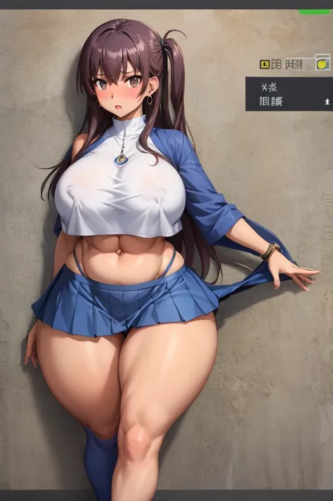 One Girl,Precise five fingers,(Knee-high socks)、(((Wide Hips)))、 (((Plump thighs)))、((Big Ass))、(Big Breasts),Embarrassed look,whole body、Sexy pose,jewelry、Earrings、Blue Skirt、Crop top、Holding、Absolute area、Pleated skirt