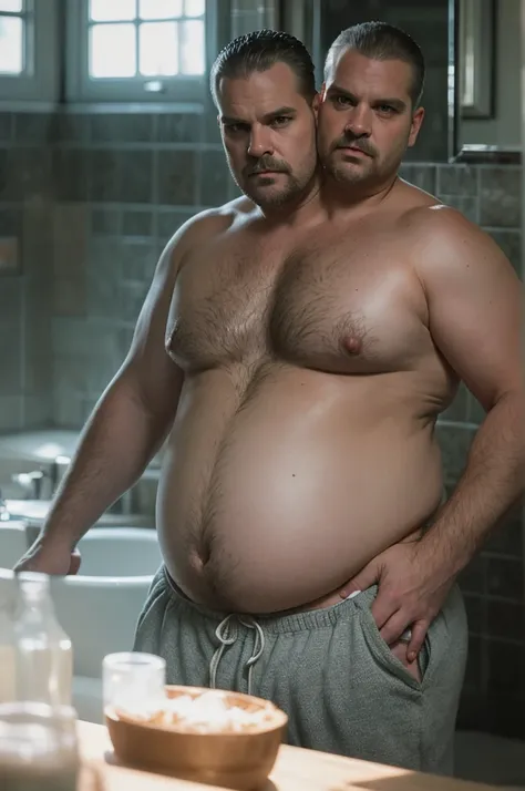 (((2heads))), ((identical twins)), 1man, david harbour, middle aged, older male, ((fat)), ((big belly)), ((obese)), ((shirtless)), navel, big nipples, athletic shorts, body hair, big bulge, ((overweight)), dreamy atmosphere, dark cyan and red, i cant belie...