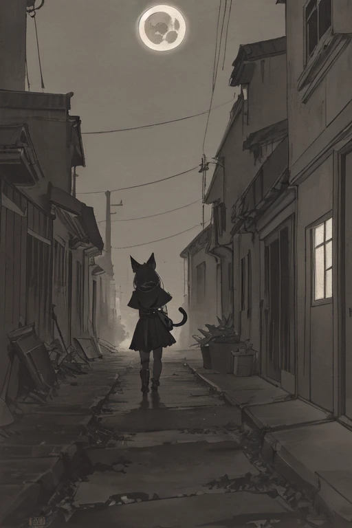 Dangerous cat girl in a dark alley during a full moon, A very dark night, dense twilight, Very low light, languid muted gray tones 