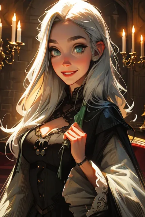 A young silver haired woman with green eyes is smiling with a skull in her hand in a gothic castle