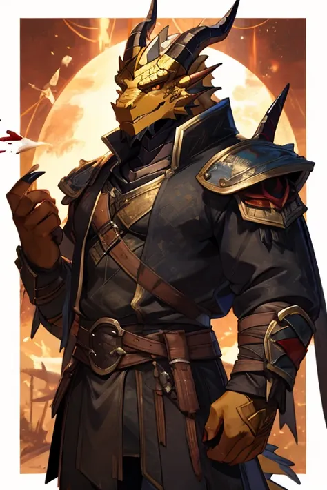 I want a golden dragonborn with backwards horns, blood hunter, com as roupas ensanguentadas e um sorriso macabro.